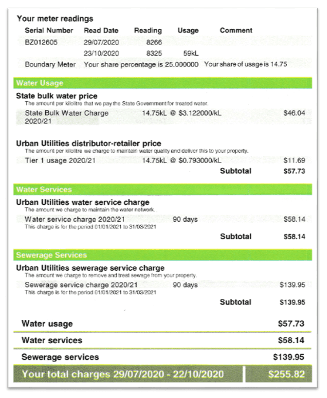 A typical Queensland Urban Utilities water bill